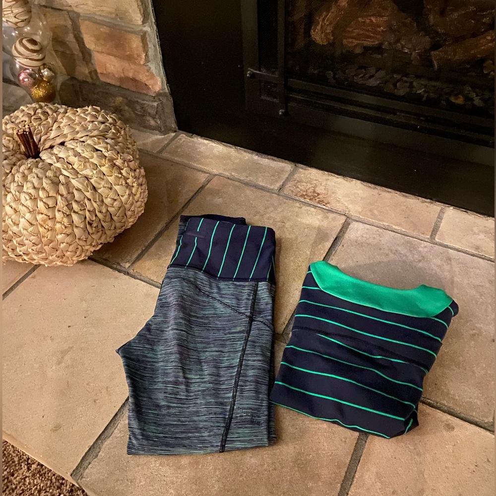 Lululemon navy green stripe workout crop pants & tank top SIZE 6